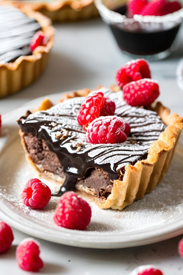 Rich chocolate brownie tart topped with fresh raspberries and chocolate drizzle, perfect dessert for chocolate lovers.