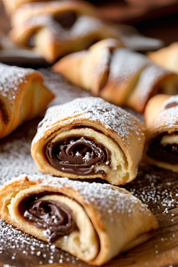 Chocolate-hazelnut rugelach spirals, golden and dusted with powdered sugar, perfect pastry treat for any occasion.