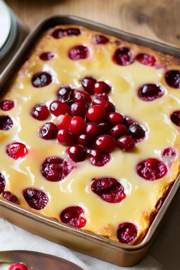 Delicious clafoutis featuring succulent cherries baked in creamy custard, served in a golden square pan.