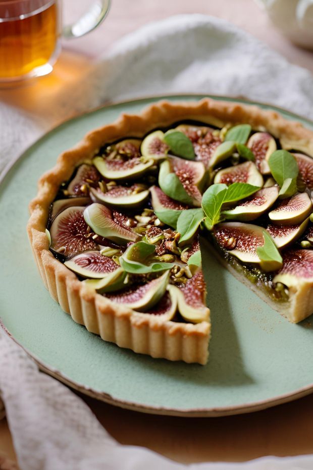 A beautiful fig and pistachio tart garnished with fresh figs and green herbs, perfect for special occasions.
