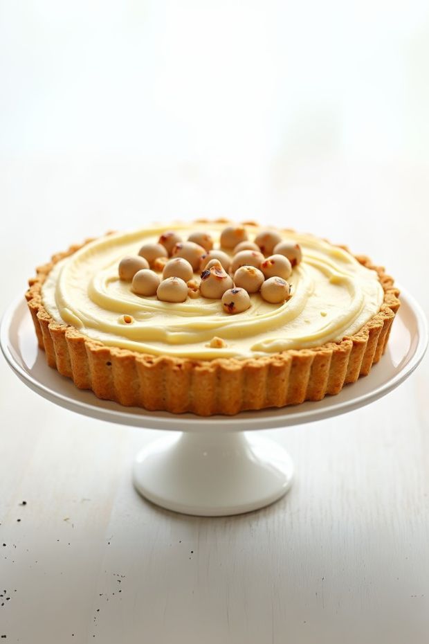 Creamy macadamia nut tart featuring a rich custard filling and topped with whole nuts, perfect dessert for all occasions.