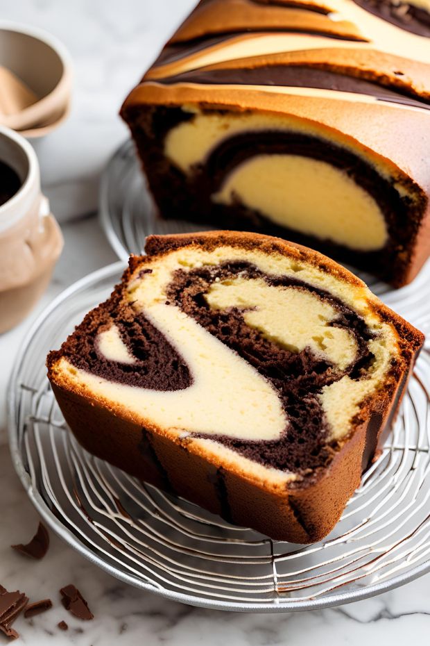 A beautifully sliced marble pound cake with chocolate and vanilla swirls resting on a cooling rack, perfect for coffee.