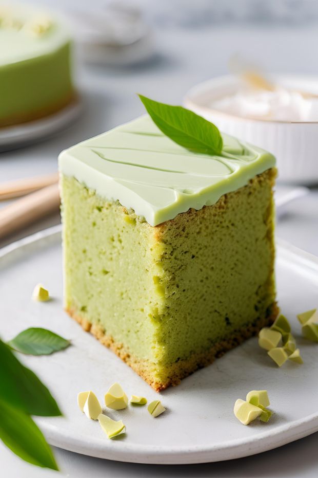 A vibrant slice of matcha green tea cake topped with creamy frosting, perfect for dessert lovers seeking unique flavors.