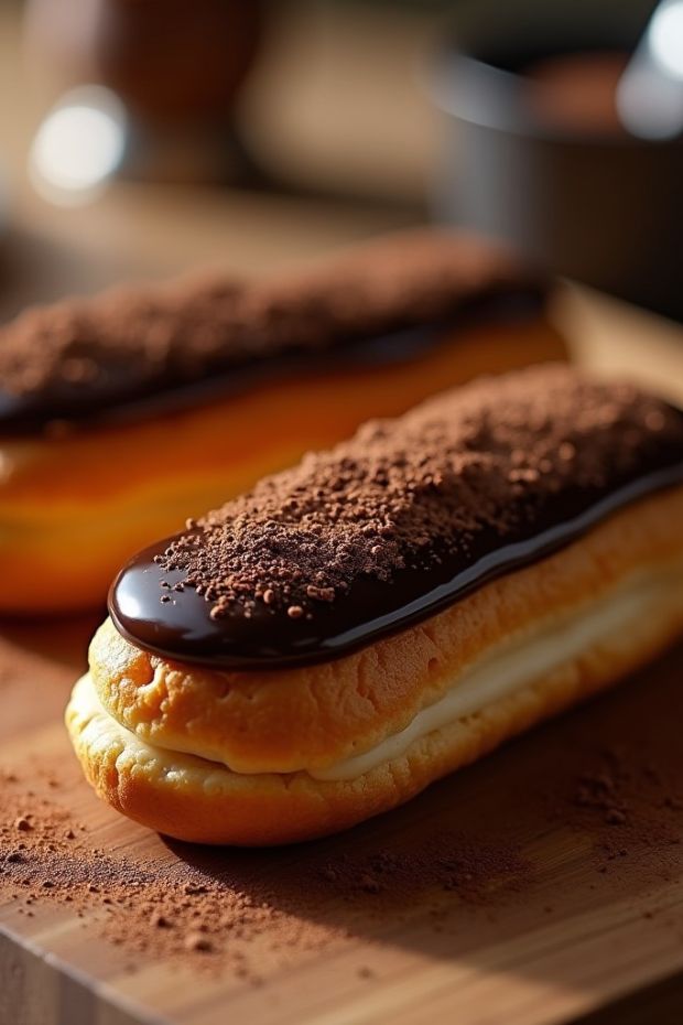 Mocha eclairs with creamy filling and glossy chocolate glaze garnished with cocoa powder on a rustic wooden surface.