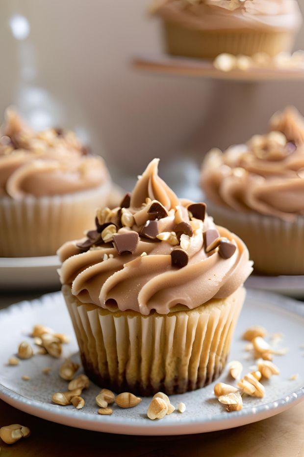 Delicious peanut butter cake topped with creamy frosting, chocolate chunks, and peanuts, perfect for dessert lovers.