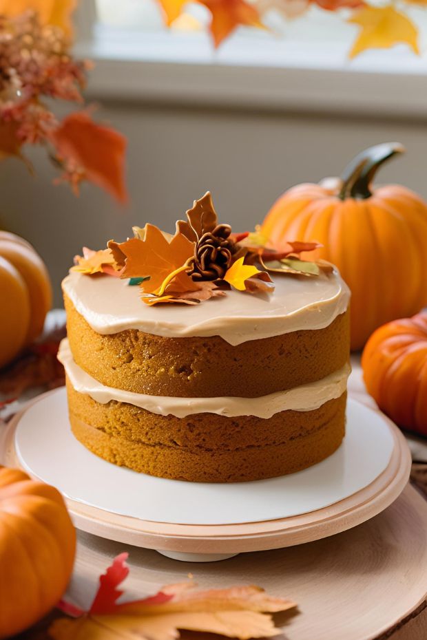 A stunning pumpkin spice cake decorated with creamy frosting and autumn leaves, perfect for fall celebrations.