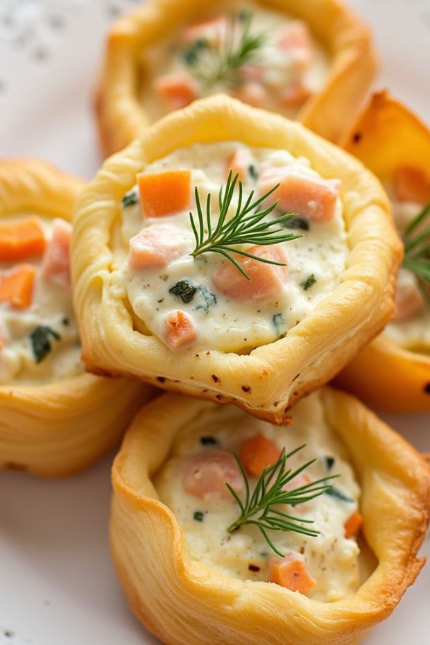 Savory smoked salmon and dill puff pastry bites topped with fresh herbs and creamy filling, perfect for elegant gatherings.