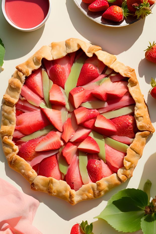 Rustic strawberry rhubarb galette with a golden crust and fresh strawberries, perfect summer dessert.