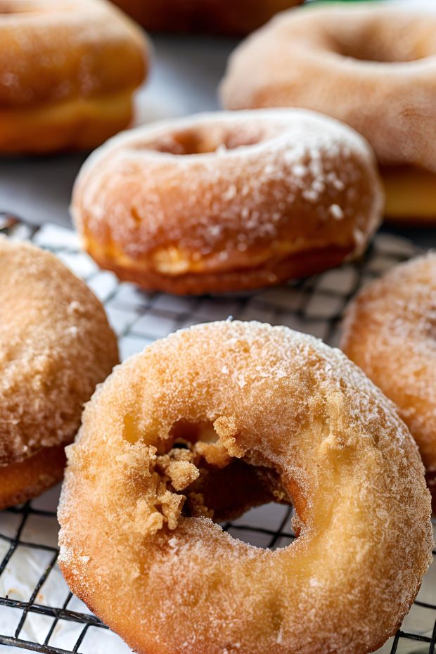 Golden apple cider doughnuts coated in cinnamon sugar, ideal for fall gatherings and warm autumn snacks.
