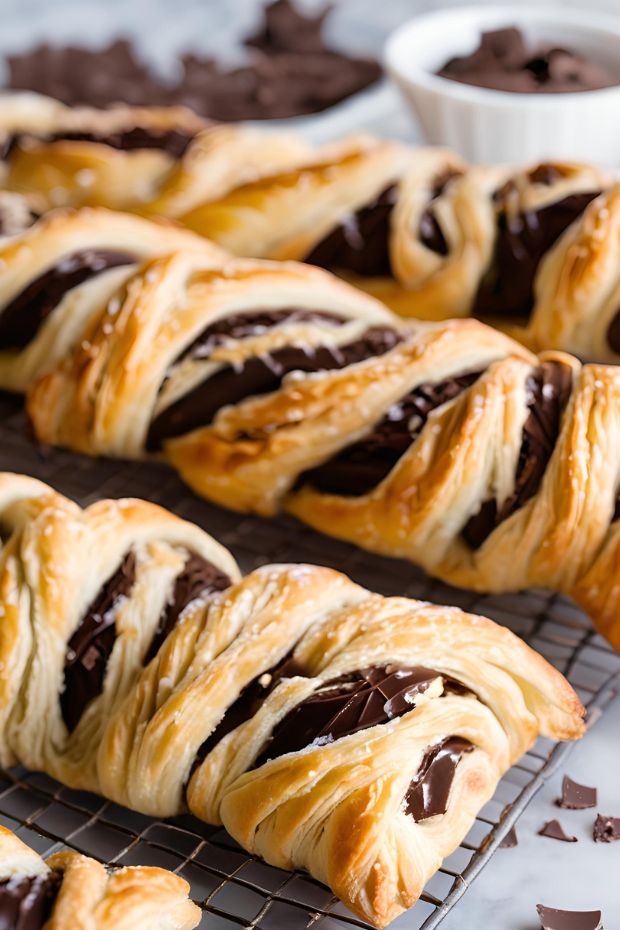 Golden flaky chocolate-stuffed puff pastry braids with rich dark chocolate filling, perfect for brunch or dessert.