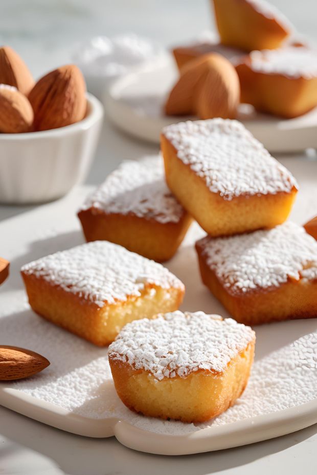 Golden financiers dusted with powdered sugar, elegantly arranged on a white plate with almonds.
