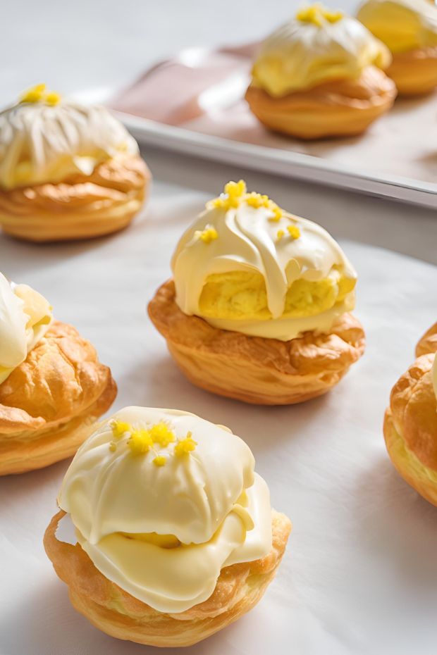 Golden Passion Fruit Cream Puffs with custard filling and white icing, perfect for desserts and festive occasions.
