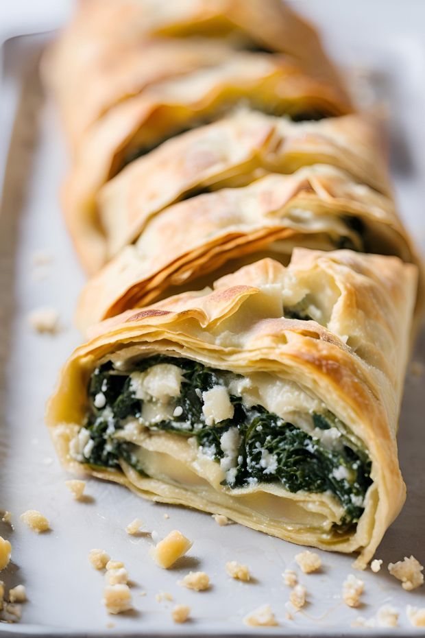 Golden flaky spinach and ricotta strudel with crispy layers and creamy filling, perfect for any occasion.
