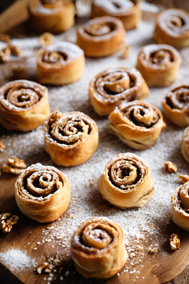 Golden walnut and date pastry rolls dusted with powdered sugar, perfect for any sweet occasion or gathering.