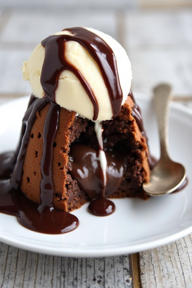 Rich molten lava cake topped with vanilla ice cream and chocolate sauce, perfect for chocolate lovers.