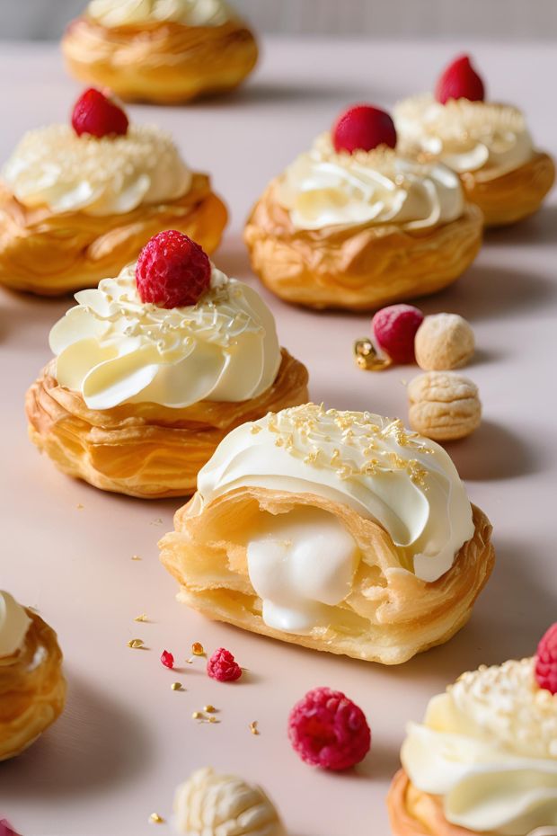 Saint Honoré cake featuring flaky pastry, creamy filling, fresh raspberries, and golden sprinkles, perfect for special occasions.