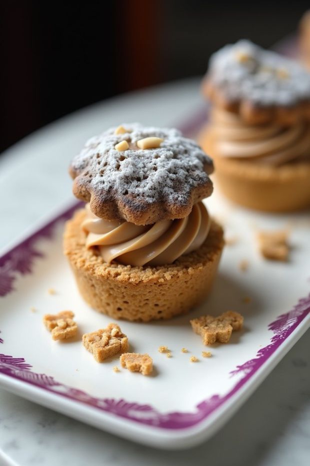 Salted caramel profiteroles with creamy filling, dusted powdered sugar, and crunchy cookie crumbles on an elegant plate.
