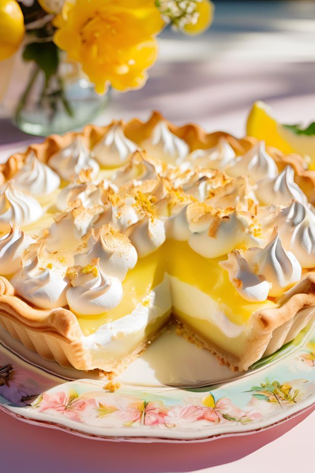 Tarte au Citron Meringuée with golden crust, creamy lemon filling, and toasted meringue peaks on a floral plate.