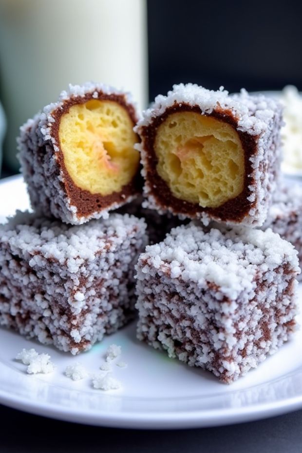 Classic Australian Lamingtons on a white plate, showcasing chocolate-covered sponge cake with coconut.