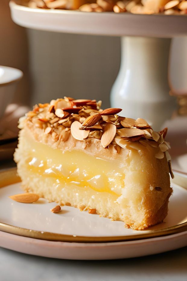 A slice of Bienenstich Cake with creamy custard, almond crust, and apricot glaze, showcasing a classic German dessert.