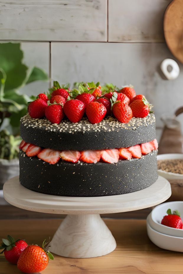 A beautifully layered black sesame strawberry cake with fresh strawberries on top, perfect for special occasions.