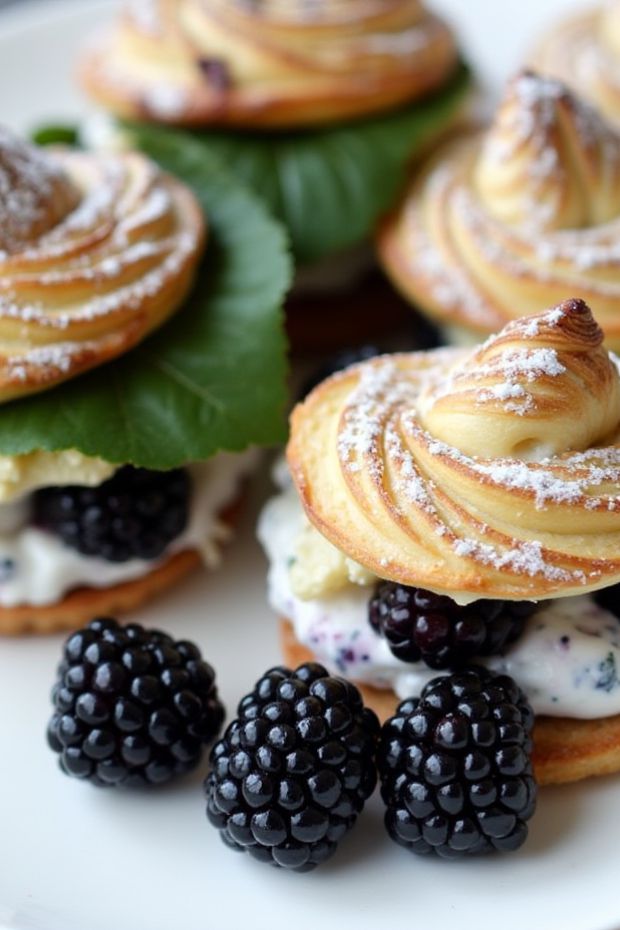 A beautifully crafted blackberry and basil Danish featuring flaky pastry, creamy filling, and fresh blackberries dusted with powdered sugar.