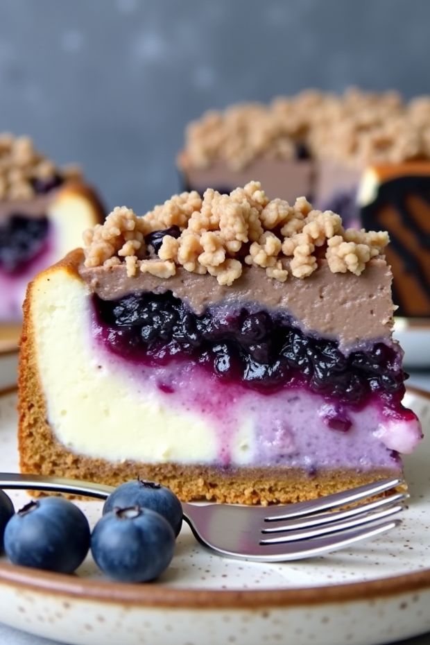 Creamy blueberry crumble cheesecake with streusel topping served on a speckled plate.