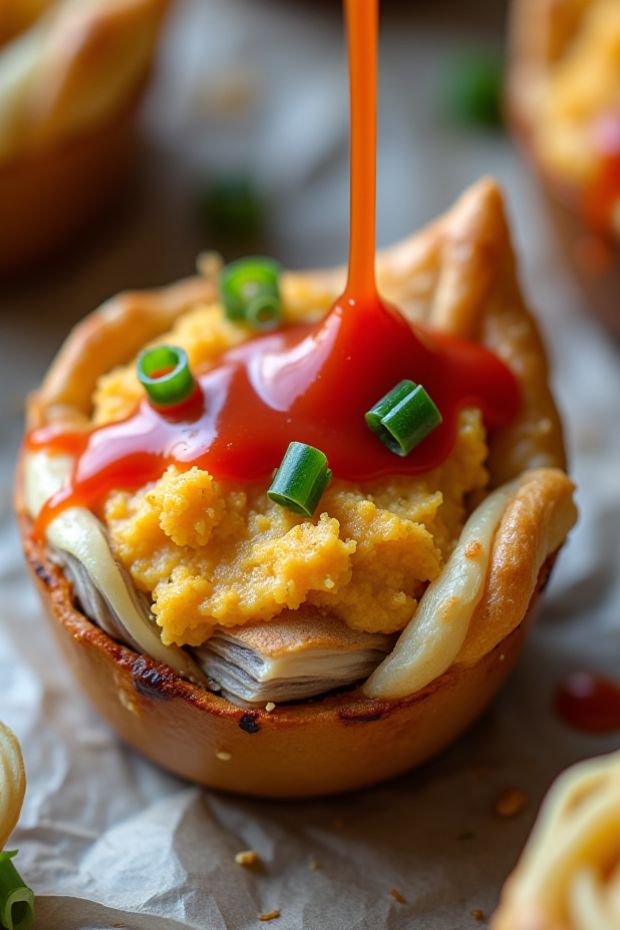 Delicious buffalo chicken puff pastry bites filled with creamy chicken and topped with buffalo sauce and green onions.