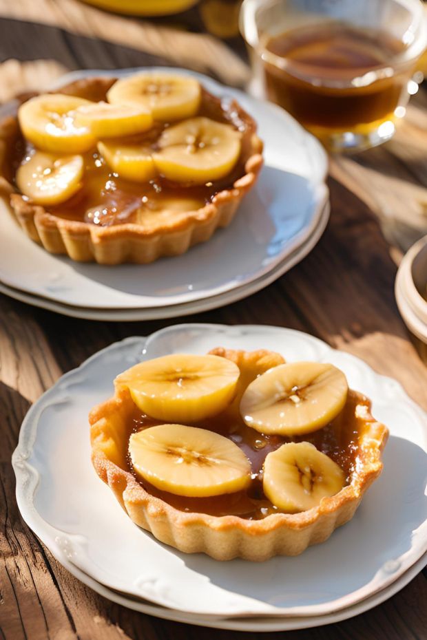 Gourmet caramelized banana tarts served on elegant white plates with rich custard and a glossy caramel glaze.