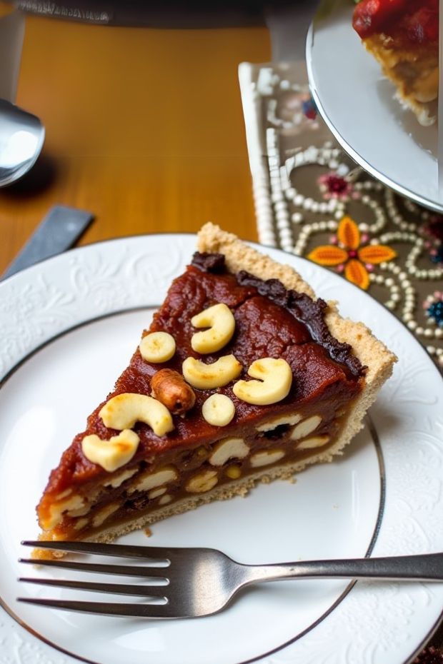 Delicious cashew caramel tartlet featuring a graham cracker crust, rich caramel filling, and chocolate drizzle on a white plate.