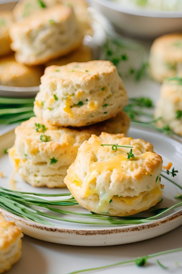 Flaky cheddar and chive biscuits with melted cheese, fresh chives, and a golden-brown exterior served on a decorative plate.