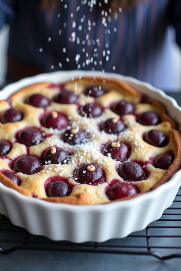 Freshly baked cherry clafoutis tart with juicy cherries and golden custard topped with powdered sugar.