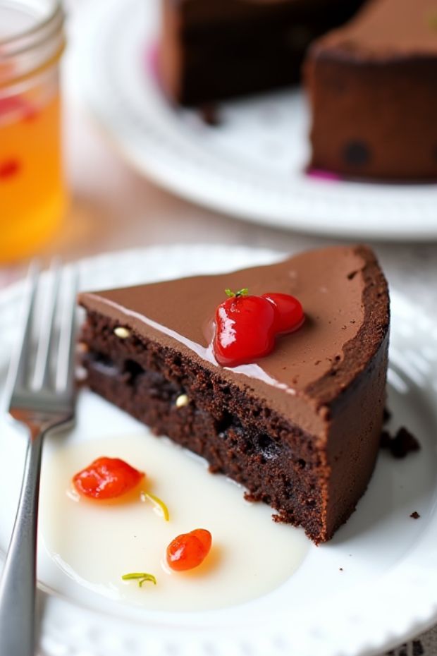 A slice of spicy chocolate chili mousse cake topped with chili peppers and lime zest for a rich dessert experience.