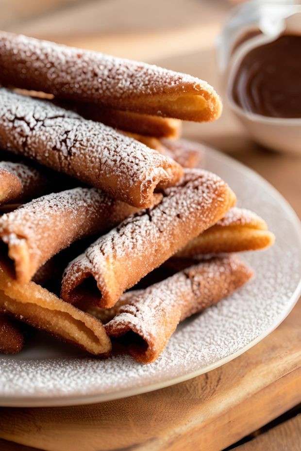 Crispy chocolate churro twists dusted with powdered sugar and served with rich chocolate sauce for dipping.