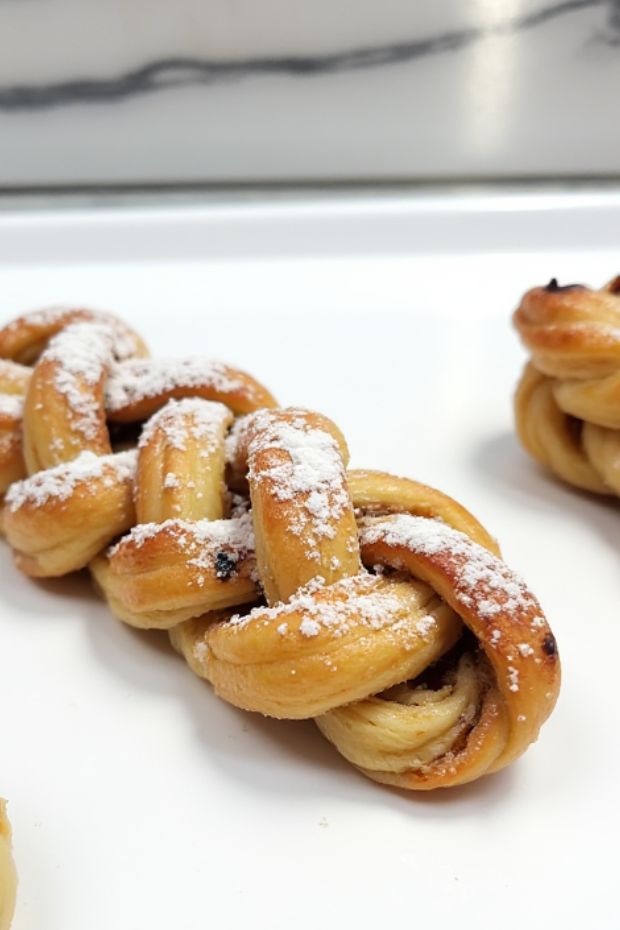 Chocolate peanut butter puff pastry twists with braided patterns, dusted with powdered sugar, perfect for dessert.