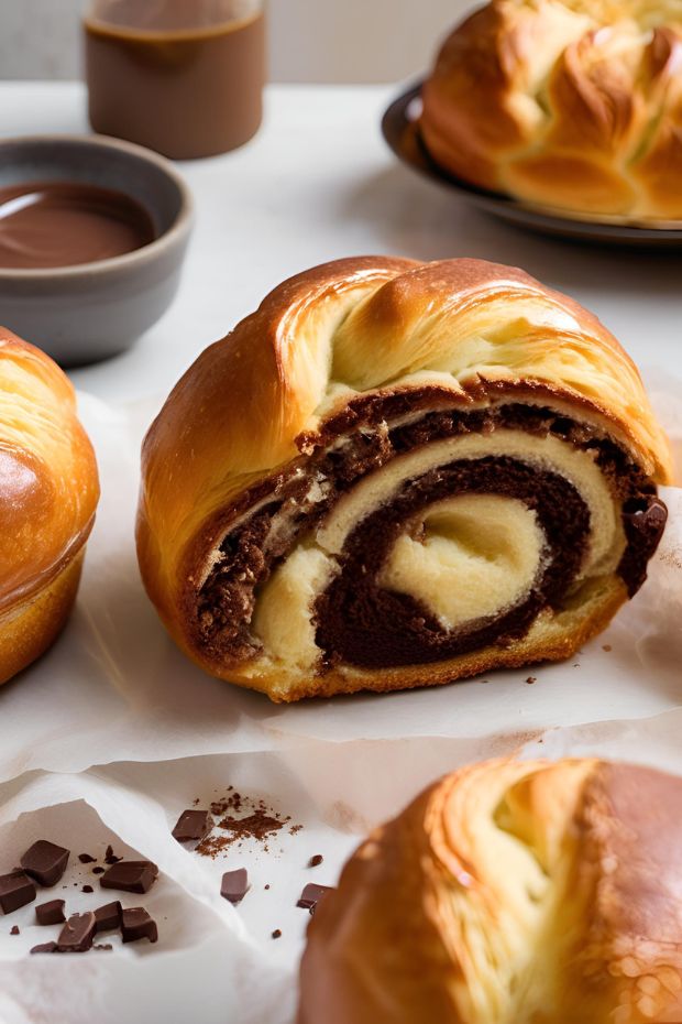 Rich chocolate-stuffed brioche rolls with flaked layers and chocolate sauce for dipping.