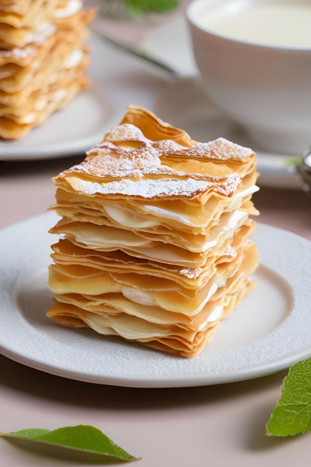 Classic Napoleon pastry with layers of puff pastry and custard, elegantly presented with powdered sugar.