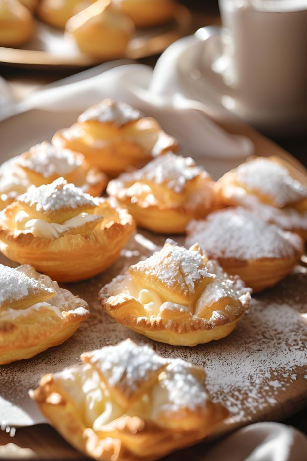 Flaky coconut cream pastry puffs filled with custard and topped with powdered sugar.