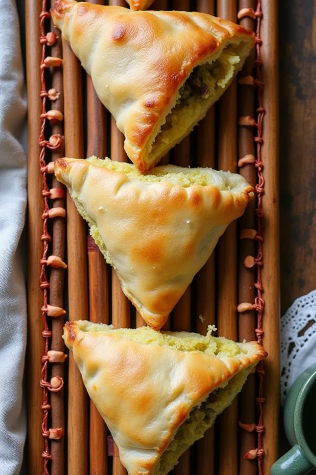 Flaky curry puff pastries filled with savory and aromatic ingredients, arranged on a bamboo mat.