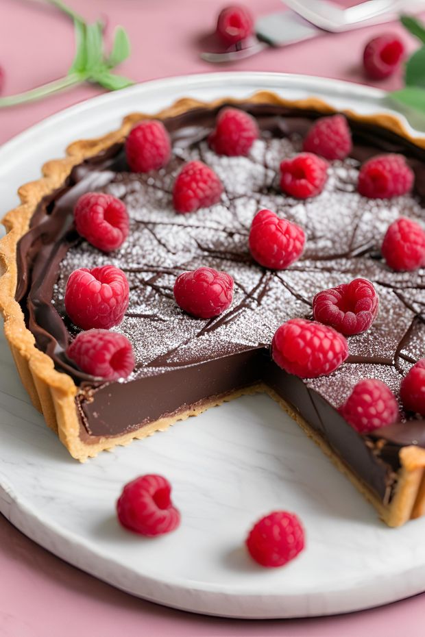 Rich dark chocolate tart topped with fresh raspberries and dusted with powdered sugar.