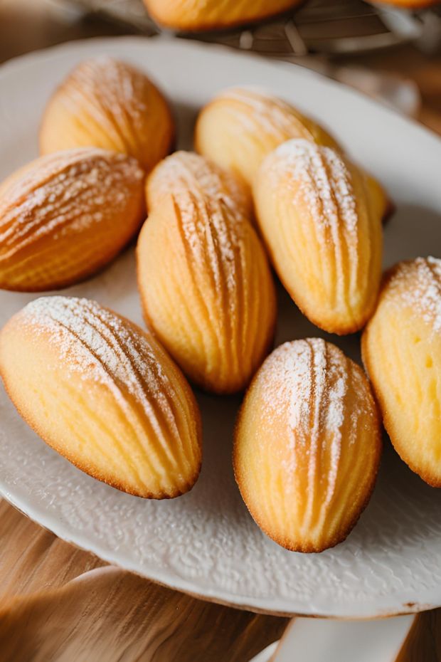 Classic madeleines presented on a white dish, golden brown with powdered sugar, showcasing their shell-like shape.