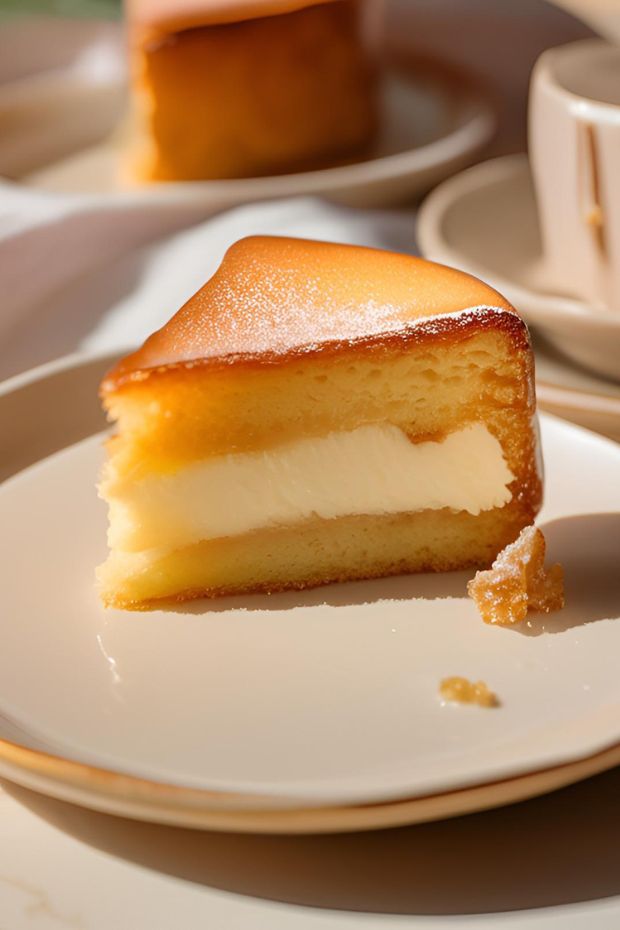 A slice of classic Gâteau Basque with golden caramelized top and creamy custard filling on a plate.