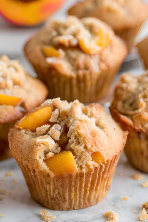 Golden peach cobbler muffins topped with crumbly streusel and juicy peach slices, showcasing their soft texture and sweet, fruity flavor.