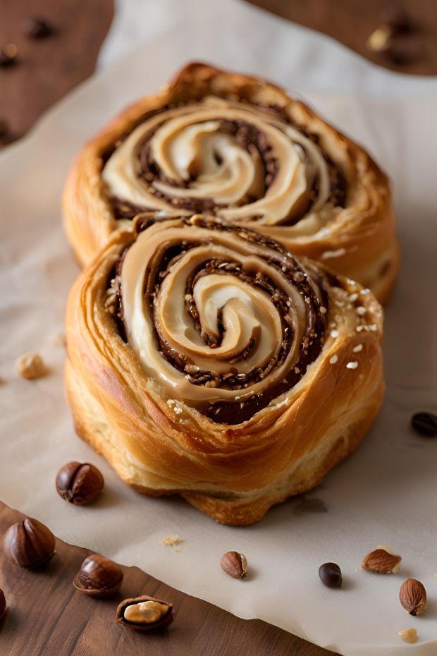 Flaky hazelnut and espresso danish with creamy custard, chocolate, and crushed hazelnuts garnished beautifully.