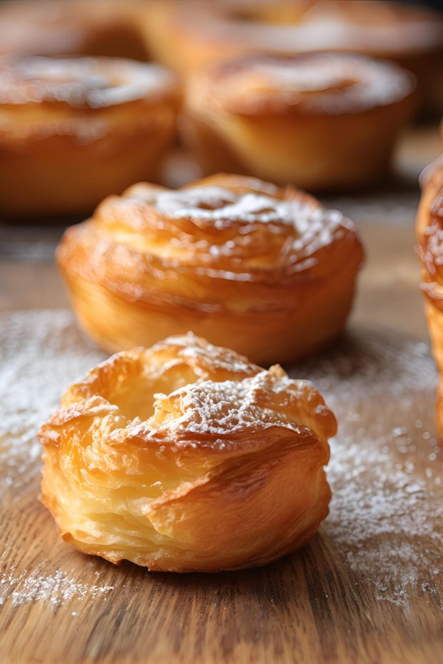 Golden-brown kouign amann pastries with flaky layers, crispy exterior, and powdered sugar on rustic wooden surface.