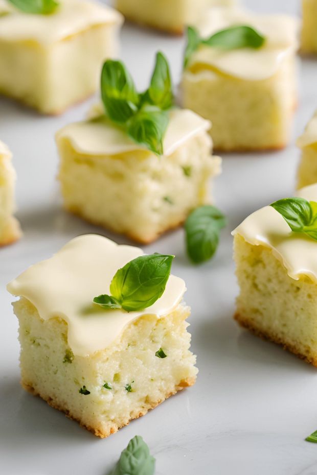Lemon Basil Shortcake Bites on a white plate with creamy frosting and fresh basil leaves.