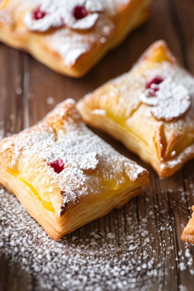 Tasty lemon raspberry puff pastry squares with flaky layers and powdered sugar, beautifully arranged on rustic wood.