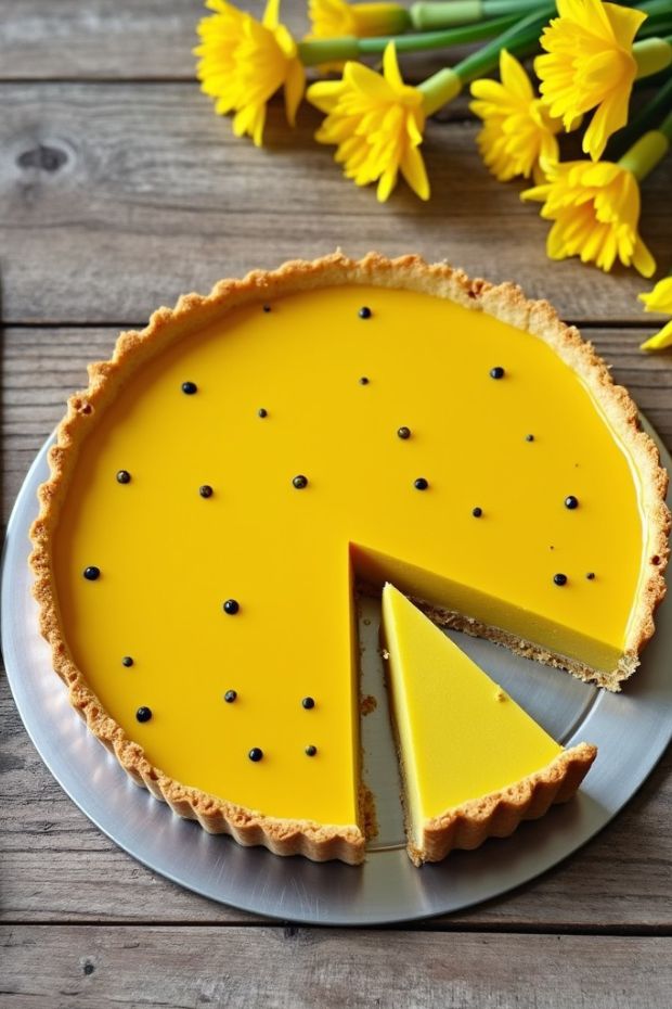 Vibrant mango and passion fruit tart with a smooth yellow filling and black seeds, served on a rustic table.