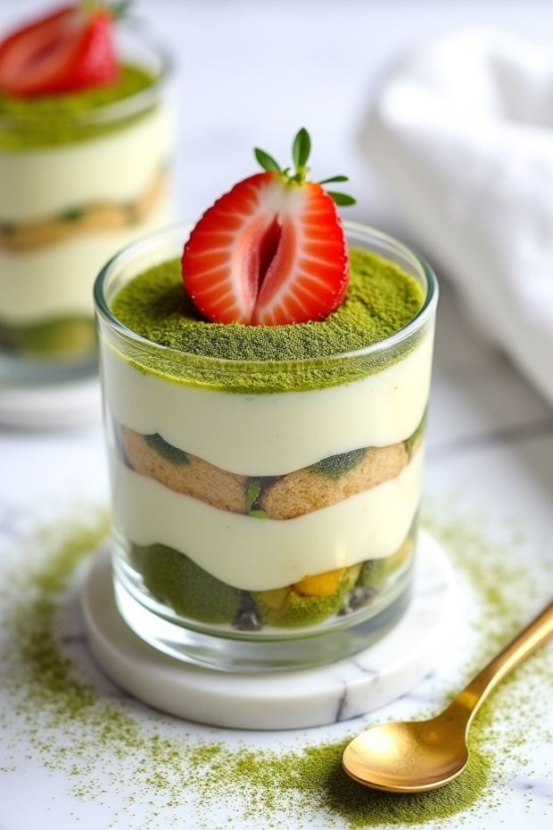 Vibrant matcha tiramisu cake cup with layers of mascarpone and sponge fingers, topped with strawberry.