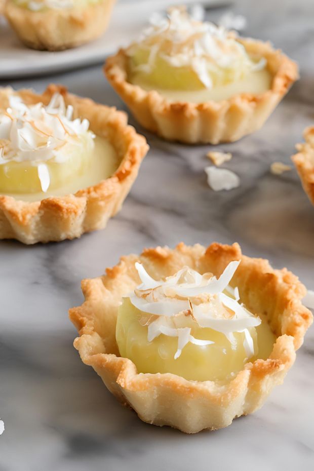 Mini coconut macaroon tartlets with creamy coconut custard and toasted shredded coconut topping.